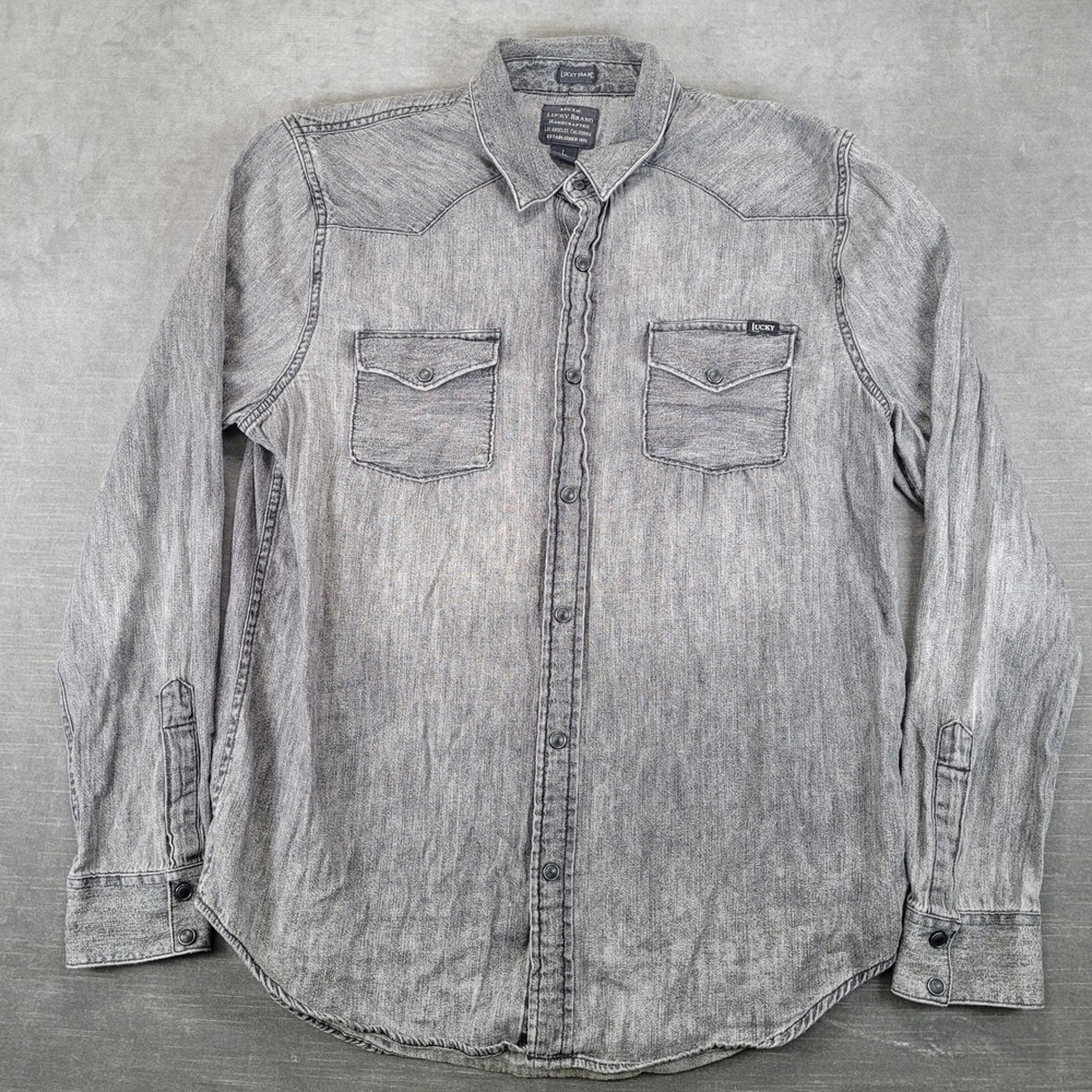 Lucky Brand Mens Large Gray Acid Wash Long Sleeve Western Snap Button‎ Shirt L